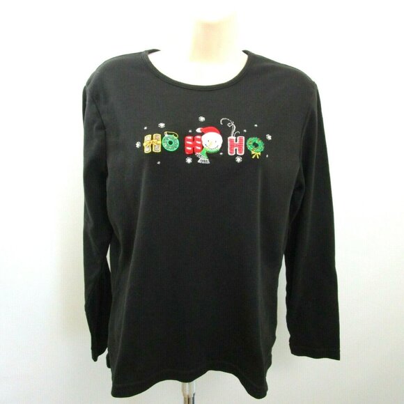 CHRISTMAS Top T-Shirt Medium HO HO HO Bling Long Sleeve Santa Wreath Embellished - Picture 1 of 10